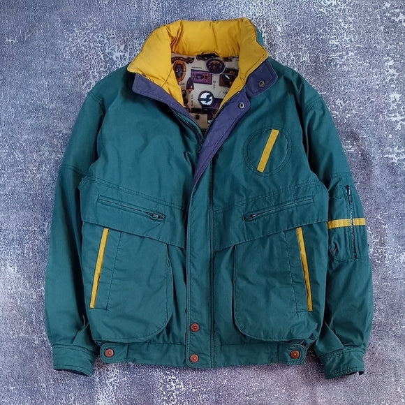 Vintage Deep Teal Performance Jacket with Yellow Collar Puffer