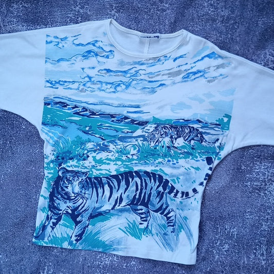 Vintage 90s TIGER FAMILY With Kitten Big Print Graphic Single Stitch T-Shirt