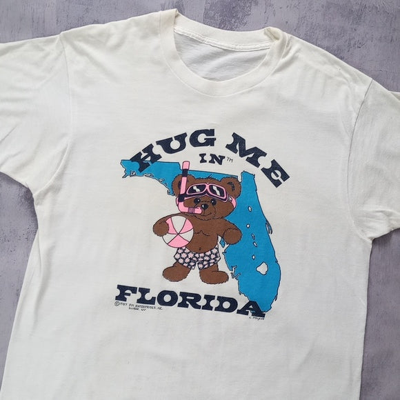 VINTAGE 1987 Hug Me In Florida Teddy Bear With Snorkel T-Shirt Single Stitch