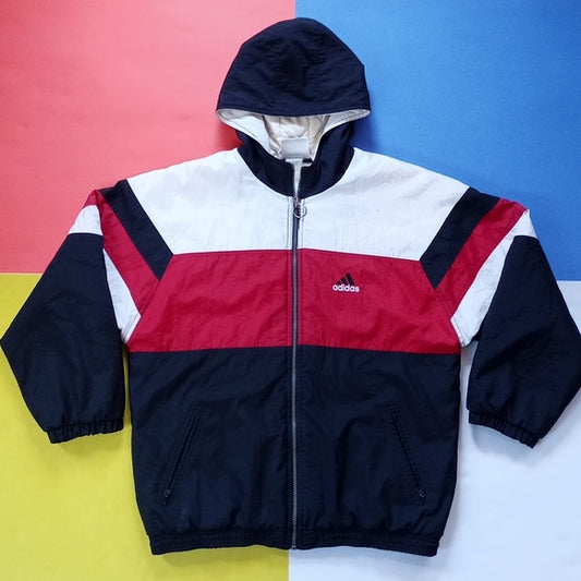 Vintage 90s Adidas Essential Striped Winter Jacket With Hood RED/White/BLACK