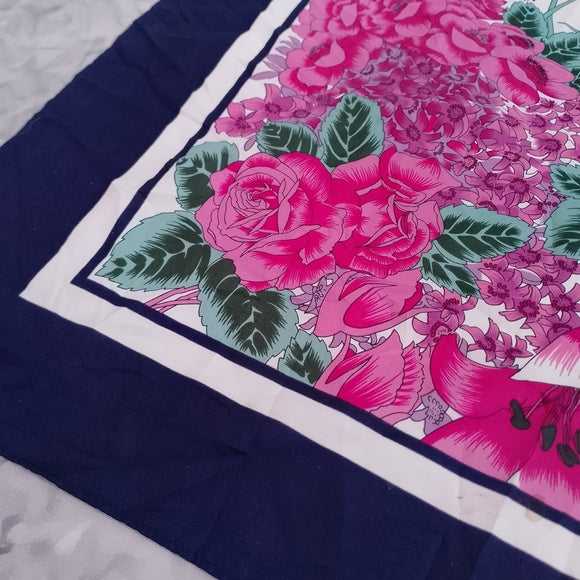 Vintage 70s Abstract Floral Border Stripe Scarf Pink Navy 27” Satin Polyester