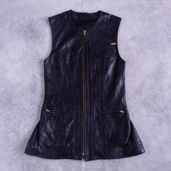 Vintage LIPTONS Black Leather Long Utility Vest Dress – Zipper Closure