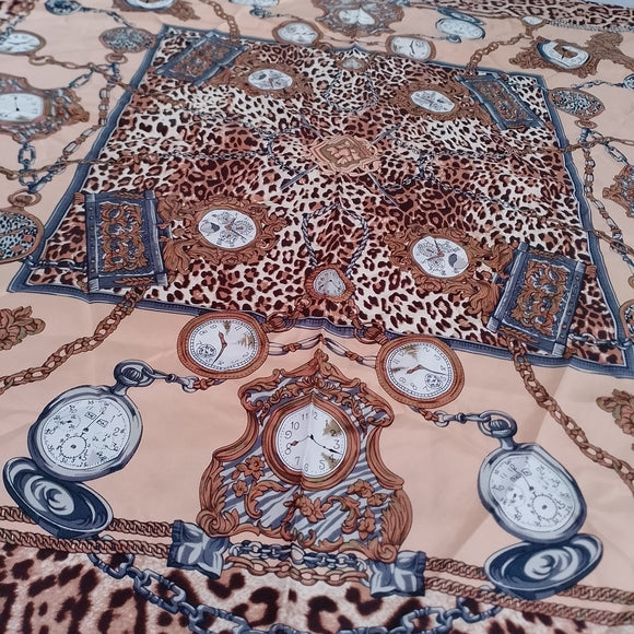 Vintage Large Satin Scarf Clocks, Watches & Leopard Print 34” Polyester