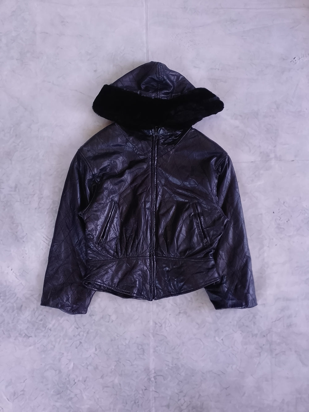 DANIER Black Leather Hooded Jacket with Faux Fur Trim