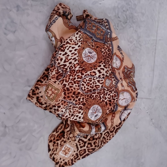 Vintage Large Satin Scarf Clocks, Watches & Leopard Print 34” Polyester