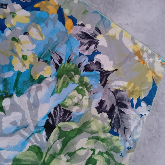 Vintage Floral Silk Scarf Blue Yellow White Vibrant 100% Silk