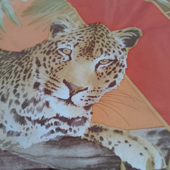 Vintage Salvatore Ferragamo Tiger & Leopard Print Silk Scarf Red Orange Yellow