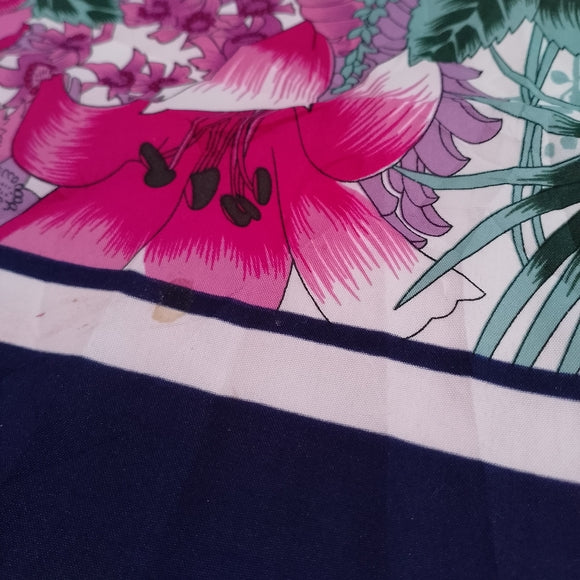 Vintage 70s Abstract Floral Border Stripe Scarf Pink Navy 27” Satin Polyester