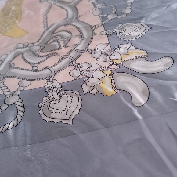 Vintage Nouveautes Jewelry Chain Print Scarf Gray Peach Gold Square Scarf 34”