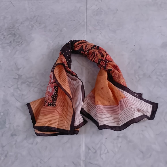 Vintage Floral Silk Scarf Hand Rolled Brown Yellow Orange Black 28in Made in China