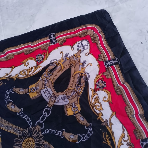 Vintage Equestrian Silk Scarf Horses & Harness Print Gold Red Black Brown 30”