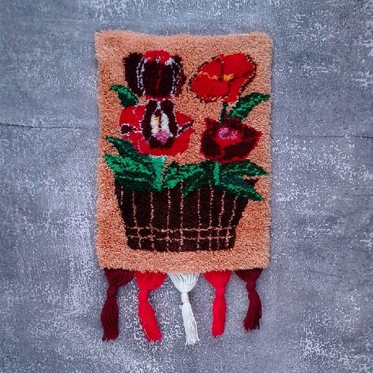 Vintage 70s Latch Hook Rug Floral Tapestry Wall Hanging with Tassels