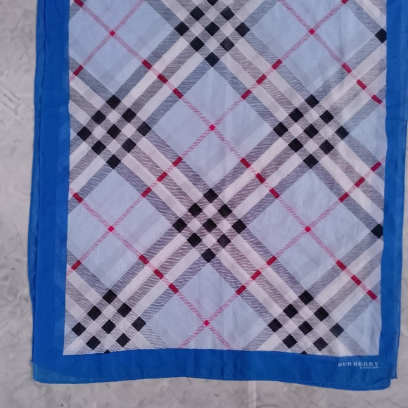 Vintage Burberry Check Handkerchief Scarf Blue Border 60x20 Classic Designer