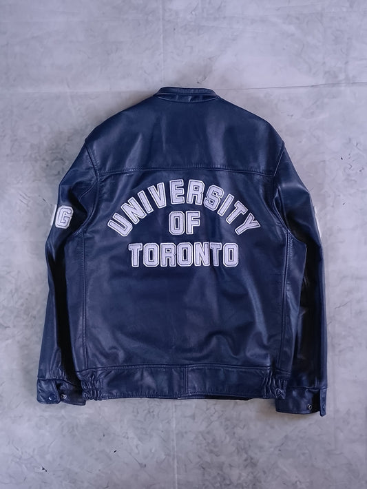 Vintage 1980s University of Toronto Navy Leather Jacket LANGUAGE DEPT LETTERMAN