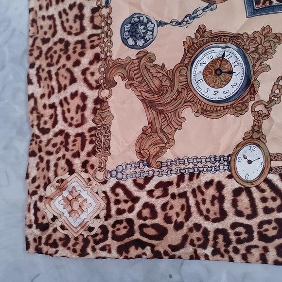 Vintage Large Satin Scarf Clocks, Watches & Leopard Print 34” Polyester