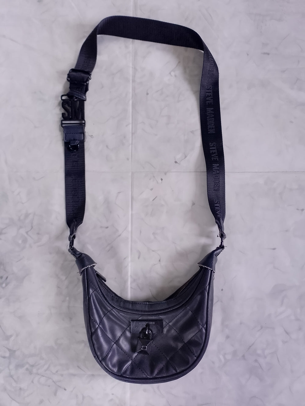 Steve Madden Faux Leather Quilted Black Crossbody Bag with Strap and Lock Accent