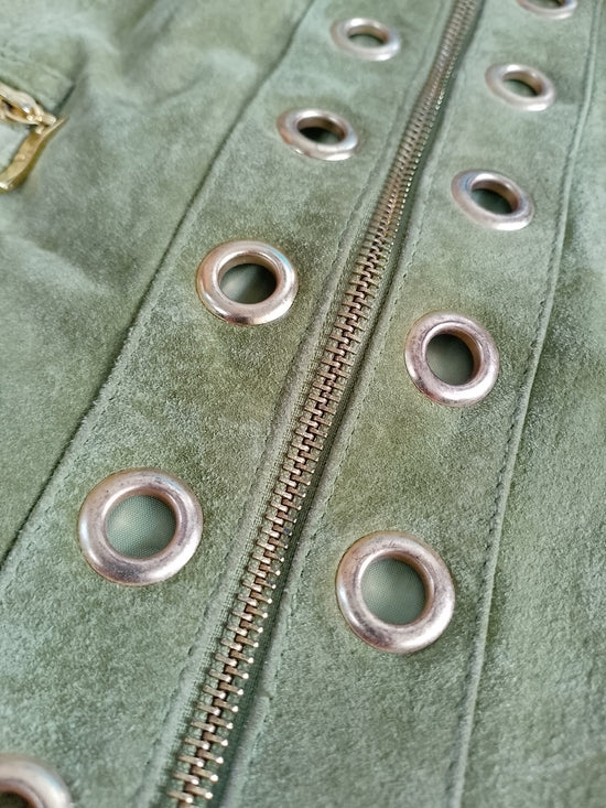 Aria Olive Green Suede Jacket with Gold Grommets