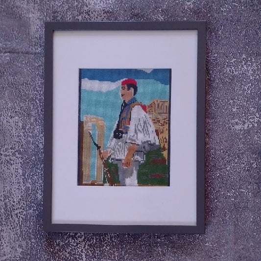 Framed Turkish Soldier Needlepoint Art with Red and Blue Accents
