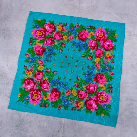 Kokum / Kookum Ukrainian Style Scarf Light Blue Floral Square Scarf Indigenous