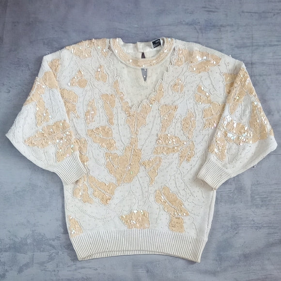 Vintage 80s BONNIE BOERER & COMPANY Bead Bedazzled Elegant Cream Sweater