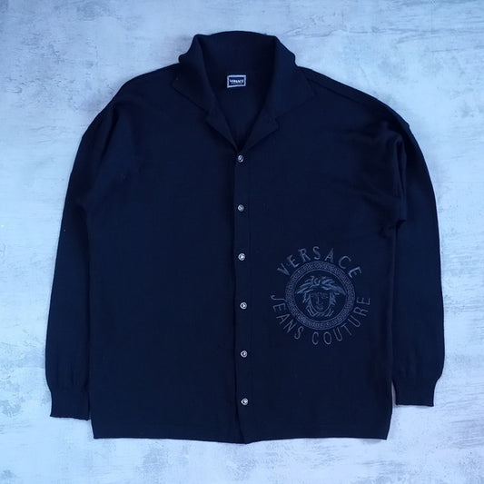 Vintage 1990s Versace Jeans Couture Black WOOL Button-Up Sweater