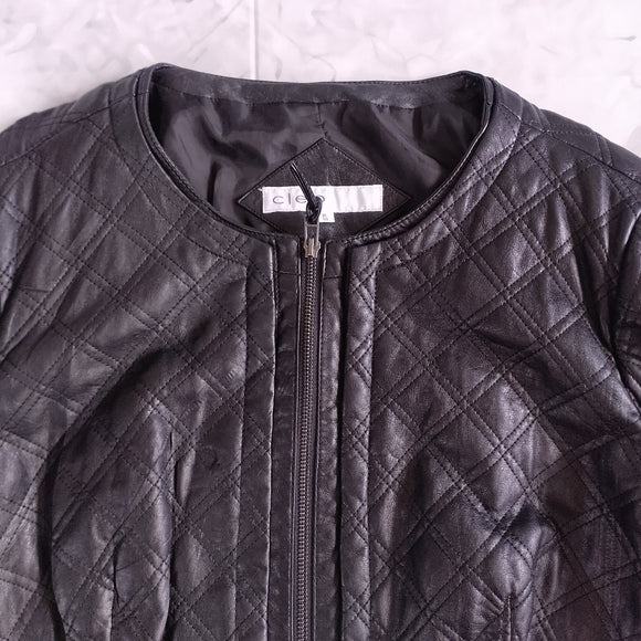 Quilted Faux Leather Jacket - Black - CLEO