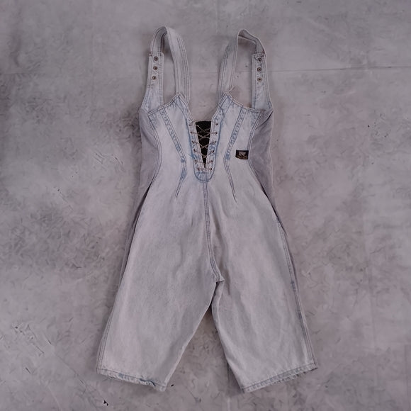 Vintage 90s SANTANA Denim Overalls Shorts Workwear ACID WASH Chain Zipper Detail
