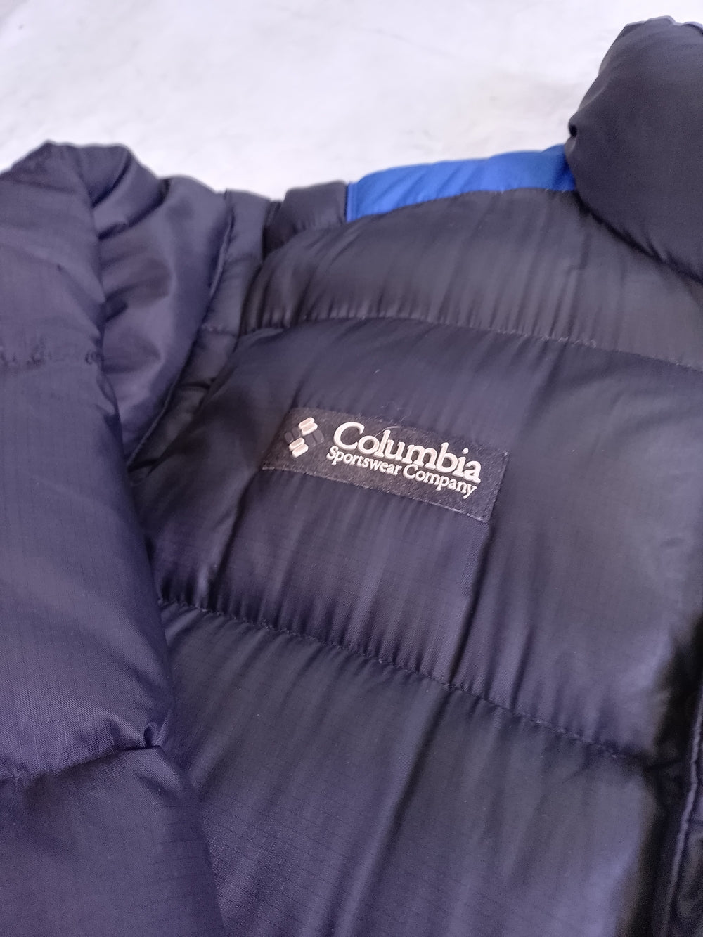 Vintage Columbia Down Black Puffer Jacket with Blue Shoulder Accents