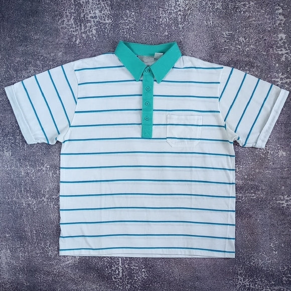 Vintage 90s White Polo Shirt with Teal Stripes and Short Sleeves