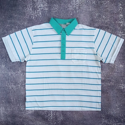 Vintage 90s White Polo Shirt with Teal Stripes and Short Sleeves