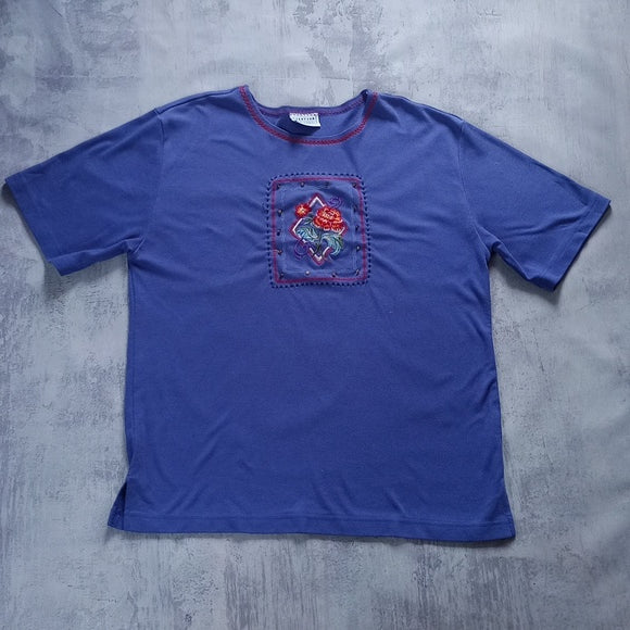 Vintage 90s Floral Embroidered Blue T-Shirt