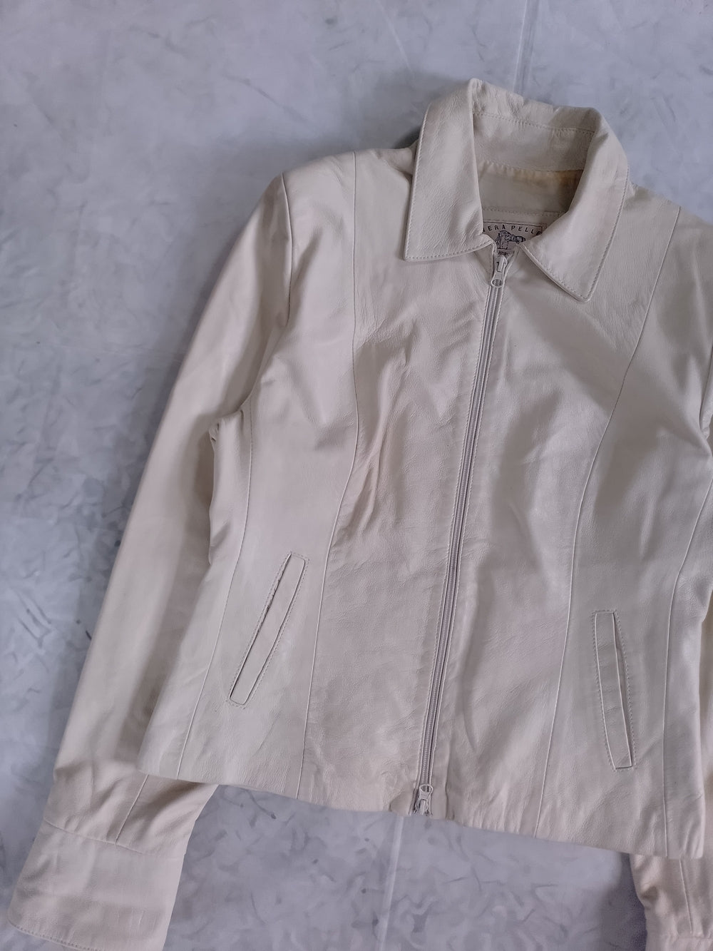 Women's Cream Zip-Front Leather Jacket Vera Pelle