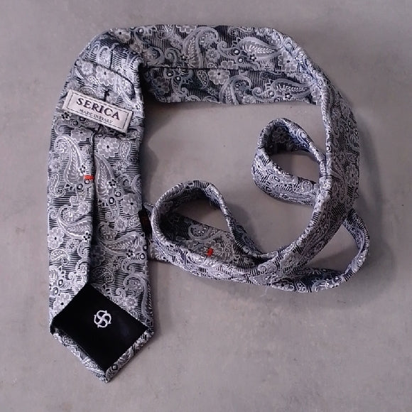 VINTAGE SERICA MADE IN ITALY SILK Elegant Gray Paisley Men's Tie