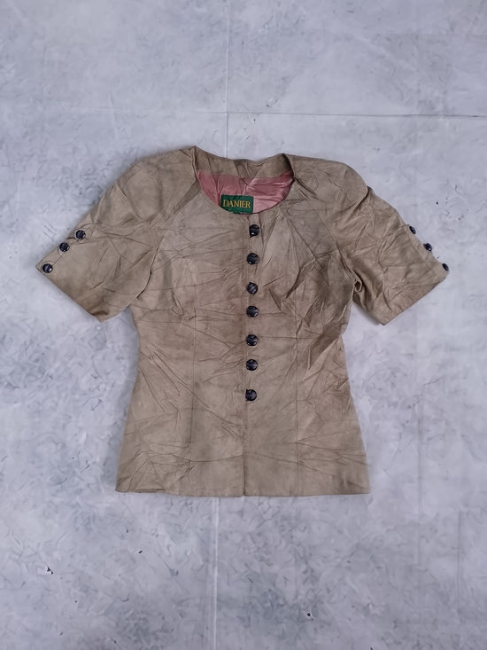 Vintage Danier Taupe Leather Button-Front Short Sleeve Jacket
