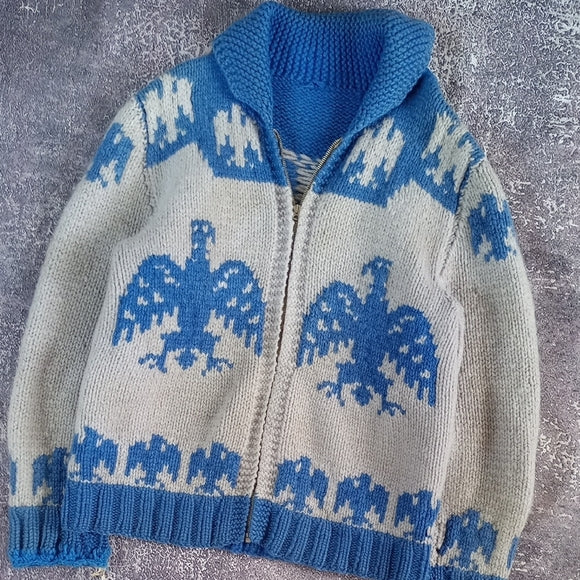 Vintage 1950s Thunderbird Sweater Wool Shawl Collar Cowichan Cardigan