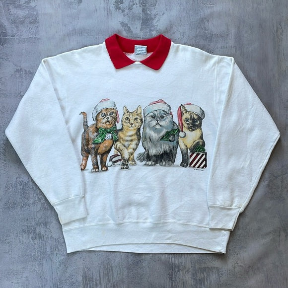 Vintage 90s Kittens/Cats In Santa Hats Double-sided Crewneck Sweater