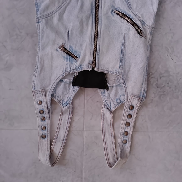 Vintage 90s SANTANA Denim Overalls Shorts Workwear ACID WASH Chain Zipper Detail