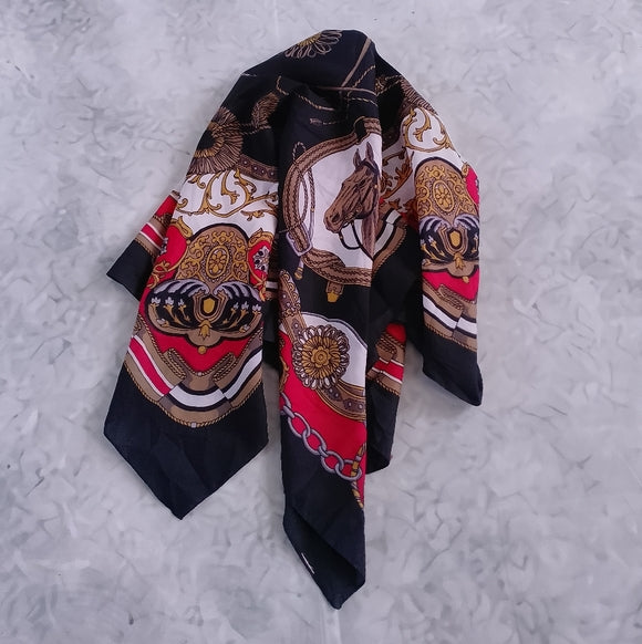 Vintage Equestrian Silk Scarf Horses & Harness Print Gold Red Black Brown 30”