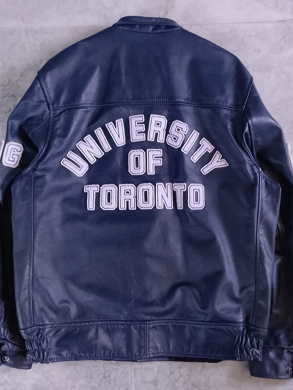 Vintage 1980s University of Toronto Navy Leather Jacket LANGUAGE DEPT LETTERMAN