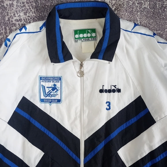 Vintage 1990s Diadora Men's White and Blue Jacket UNISEX Scarborough Soccer Club