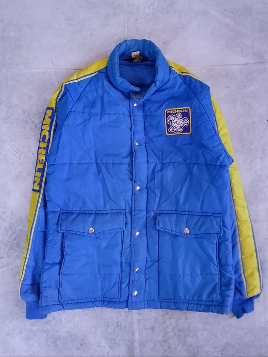 Vintage 70s Mens Large Michelin Man Tires Striped Full Zip Puffer Jacket USA