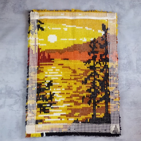 Vintage 70s Latch Hook Rug Silloete Trees With Sunset And Lake with Hills