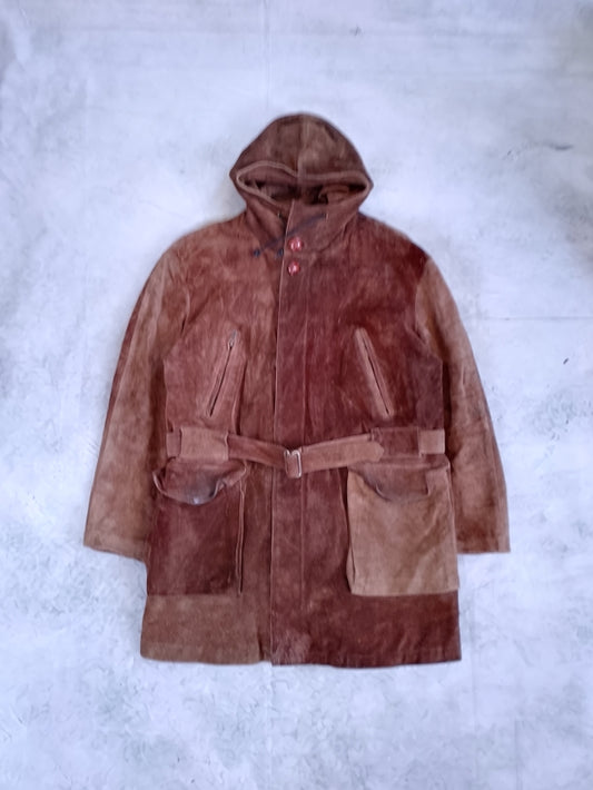 Vintage Brown Suede Hooded Belted Men's Coat BRISSON & BRISSON