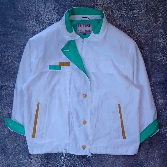 Vintage 90s Cyclone White Jacket with Green and Gold Accents
