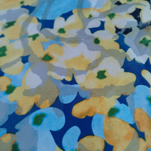 Vintage Floral Silk Scarf Blue Yellow White Vibrant 100% Silk