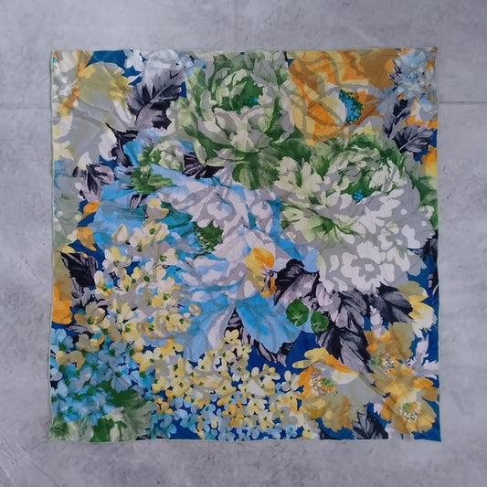 Vintage Floral Silk Scarf Blue Yellow White Vibrant 100% Silk