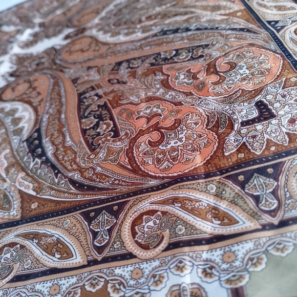 Vintage Paisley Square Scarf Brown Tan Paisley Print 25” Polyester Retro Scarf