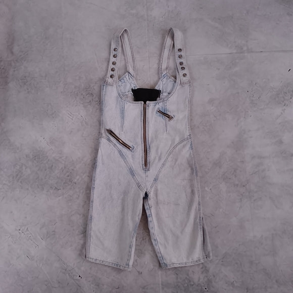 Vintage 90s SANTANA Denim Overalls Shorts Workwear ACID WASH Chain Zipper Detail