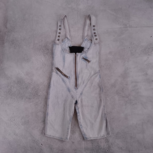 Vintage 90s SANTANA Denim Overalls Shorts Workwear ACID WASH Chain Zipper Detail