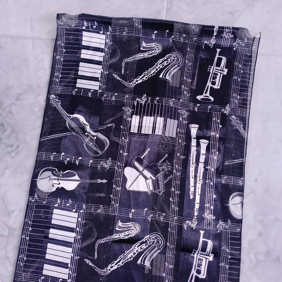 Vintage Music Theme Silk Scarf Shawl Black White Musical Instruments Notes 58x13